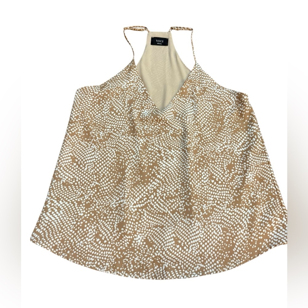 VICI Tan & White Abstract Dot Print Neutral Camisole Racerback Top Sz S‎
